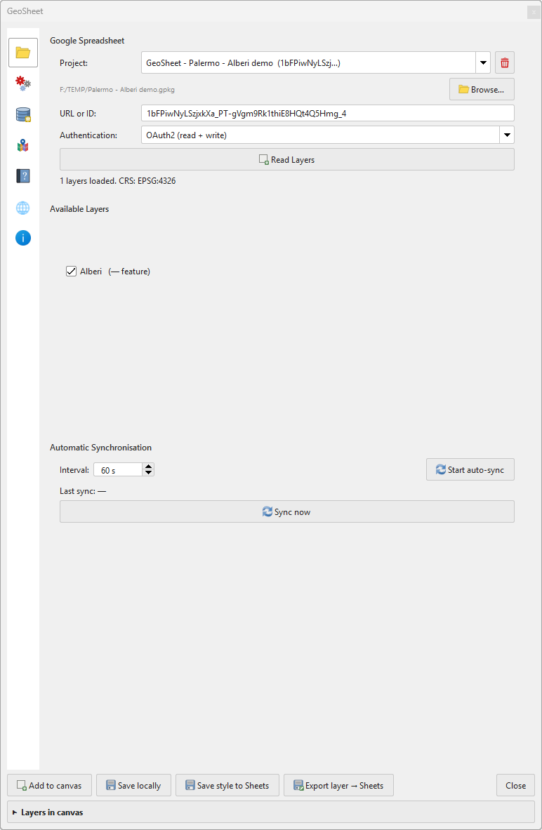 Schermata principale – Google Spreadsheet
