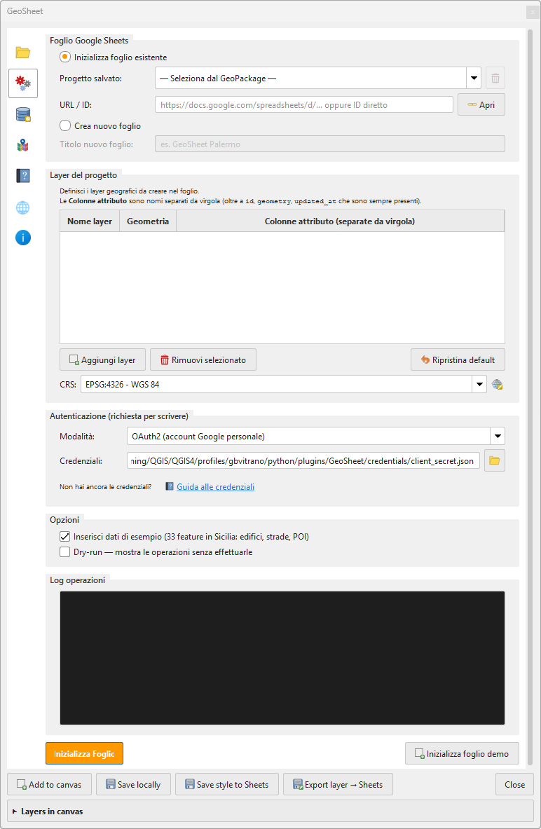 Inizializzazione foglio Google Sheets