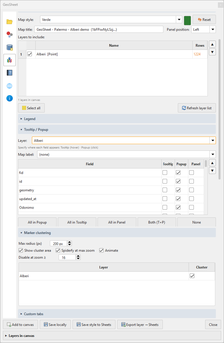 Configurazione mappa web – stile, tooltip, clustering