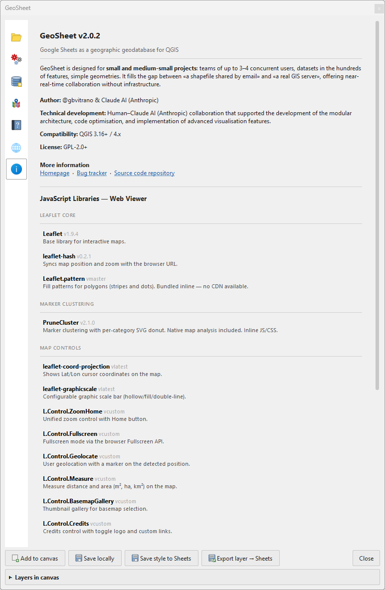 Tab Info – versione, autore e librerie JavaScript